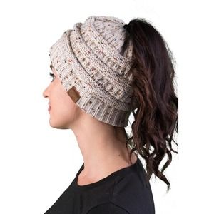 Beige Confetti Pony/Messy Bun CC Beanie